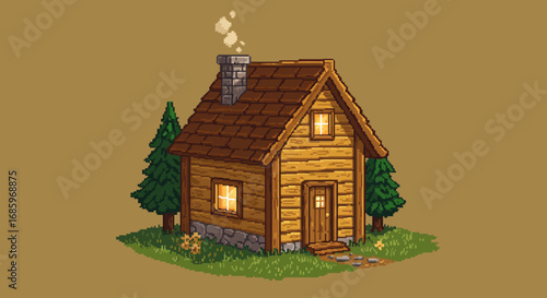Vector Pixel Art Illustration of Wooden House