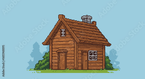 Vector Pixel Art Illustration of Wooden House