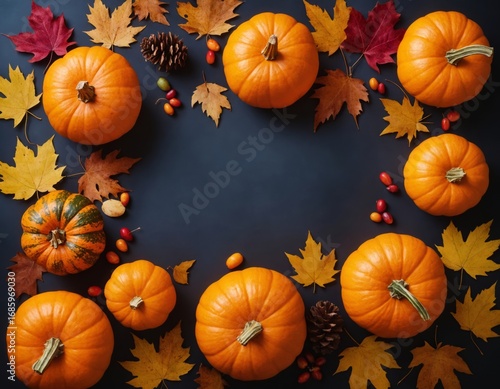 Autumnal arrangement with orange pumpkins and fall leaves on dark background, creating a festive border for sale announcement.