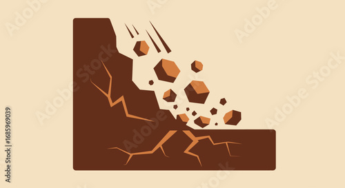 Vector Falling Rocks Icon Illustration with Cracking Ground and Rubble Debris Isolated