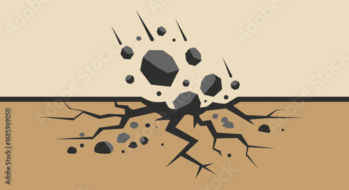 Vector Falling Rocks Icon Illustration with Cracking Ground and Rubble Debris Isolated
