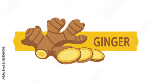 Vector Logo of Ginger Root Fresh Brown Asian Plant with Yellow Title Text Label for Healthy Drink and Organic Food Poster