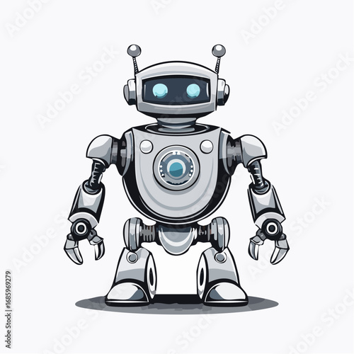 Adorable white cartoon robot with blue eyes and antennas, standing proudly