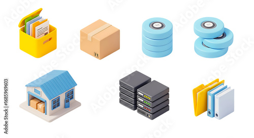 3d clay style icon of collection of isometric icons representing data storage, logistics, and office organization, isolated on a transparent background
