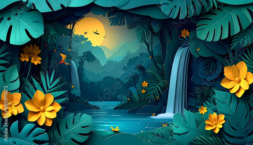 Fototapeta Naklejka Na Ścianę i Meble -  Tranquil Tropical Waterfall Oasis A Paper Art Paradise