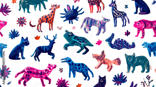 Vibrant Seamless Pattern of Stylized Watercolor Animals.