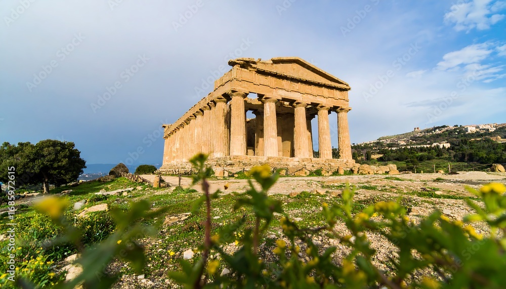 Fototapeta premium Ancient temple ruins, light tan stone, surrounded by greenery and hills
