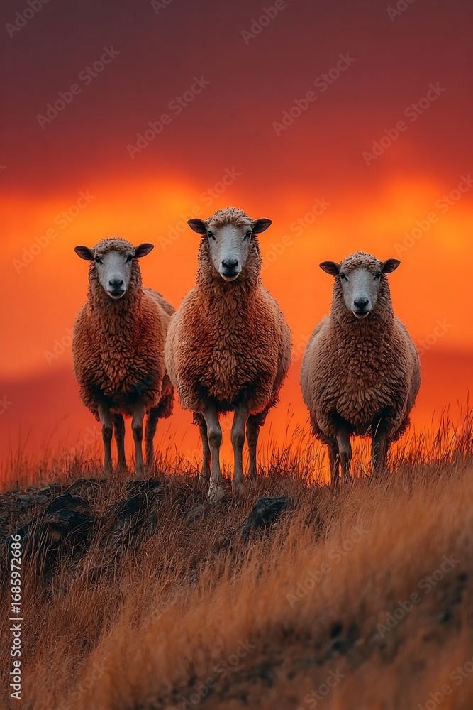 Fototapeta premium Silhouette of sheep resting meadow hill at sunrise glowing rural sky creating farm livestock lifestyle scene