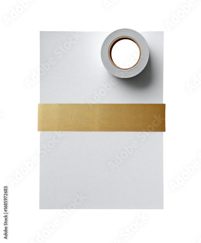 Blank white paper sheet, roll of tape, and tan tape