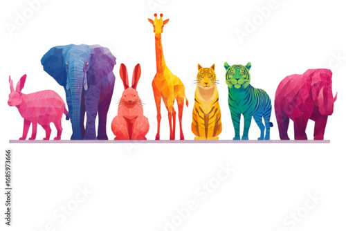 A vibrant collection of polygonal wildlife standing in a row.