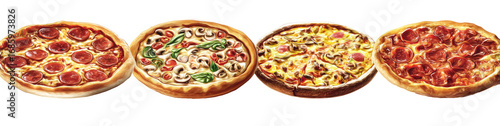 Four different pizzas arranged horizontally (2)