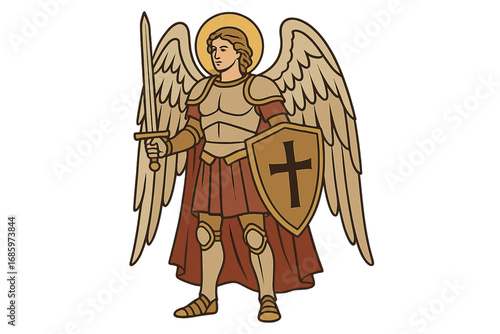 Michael, the most powerful angel, armored and radiant, is the top warrior angel who commanded the forces against the rebellious Lucifer, as shown in the Bible