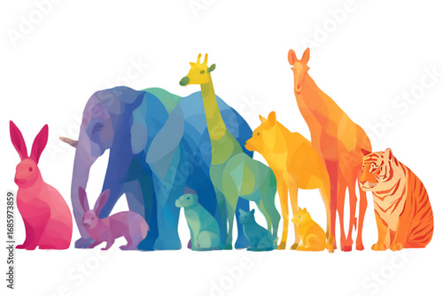 Vibrant procession of colorful rainbow animals in a stylized illustration.