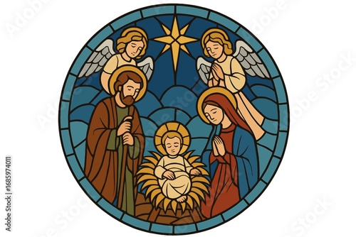 A stained‑glass window illustrating the nativity scene featuring baby Jesus, Joseph, Mary, and angels for a Christian holiday