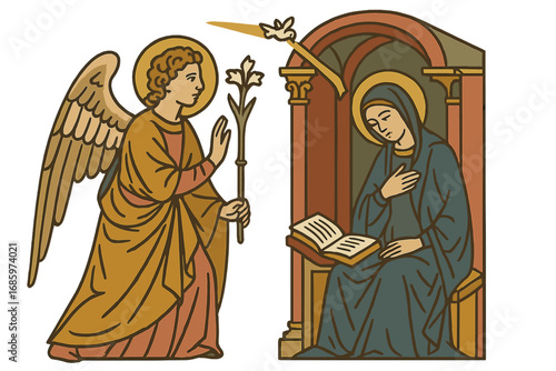 Fresco of the Annunciation featuring Archangel Gabriel and the Virgin Mary located in the Baptistery of San Giovanni, Siena, Italy, from the 15th century