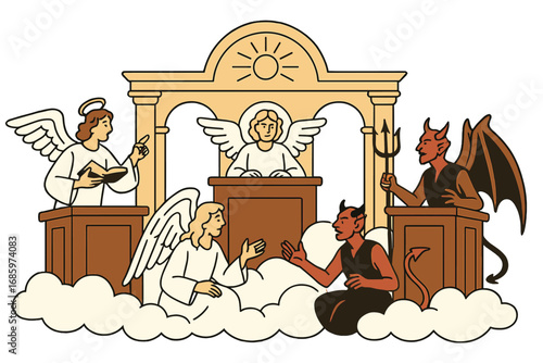 In a heavenly tribunal, angels and demons argue in a timeless dispute