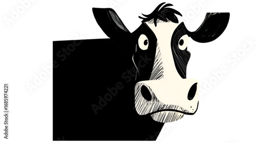Anxious looking black and white cartoon cow illustration.