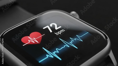 Close up of a smart watch displaying a heart rate monitor with a heart icon and graph, promoting health tracking and wearable technology for fitness and well being.
