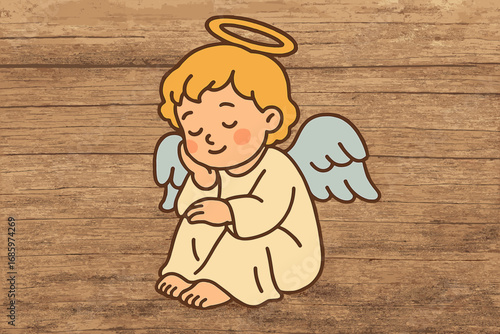 Charming Little Angel Figurine Perched on Rustic Wooden Background
