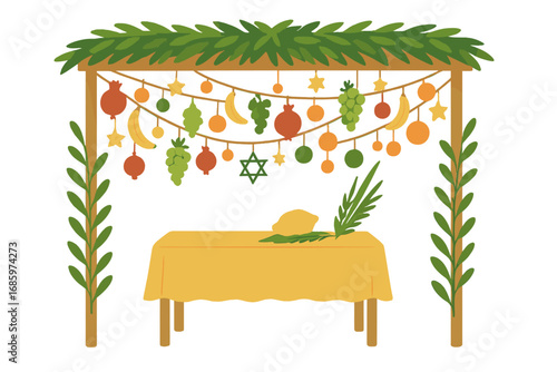 A festive sukkah adorned with fruit and greenery for the Jewish holiday of Sukkot