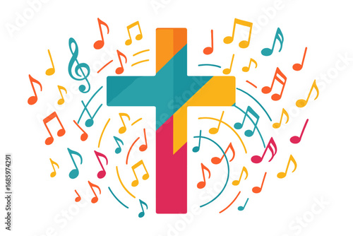 A vibrant Christian cross adorned with music notes, presented as an isolated vector illustration against a religious-themed backdrop, suitable for gospel church music, choir performances, concerts