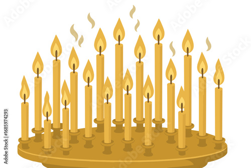 Numerous wax candles burn in the Orthodox church or temple