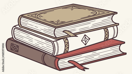 A stack of three books with different colors and designs sitting on a white background illustration created with generated ai