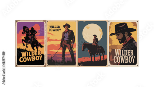 Epic Wild West Cowboy Posters – Rodeo, Lone Riders, Moonlit Cliffs & Gunslingers in Bold Silhouette Western Style	
