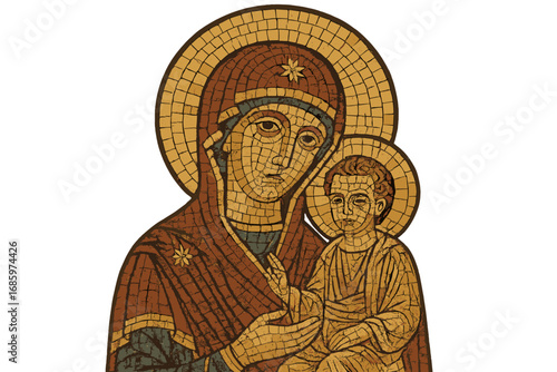 An old icon mosaic depicting the Virgin Mary with the child Jesus