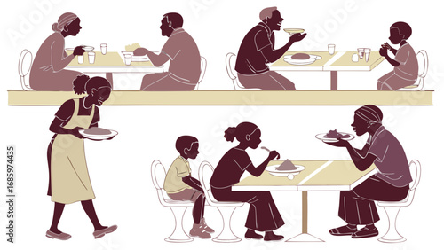 Illustration of people dining in a restaurant with a waitress serving food to the customers seated at tables created with generated ai