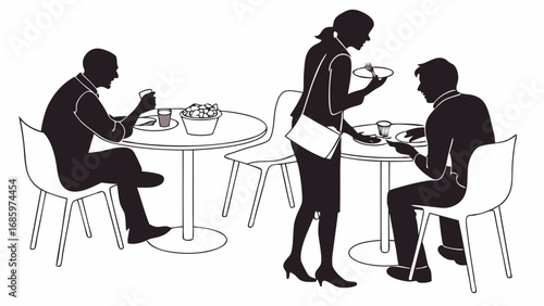 Silhouette illustration of people dining at tables in a restaurant with a waitress serving food created with generated ai
