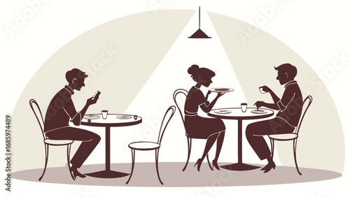 Silhouette illustration of people at cafe tables under a hanging light fixture in a restaurant setting created with generated ai