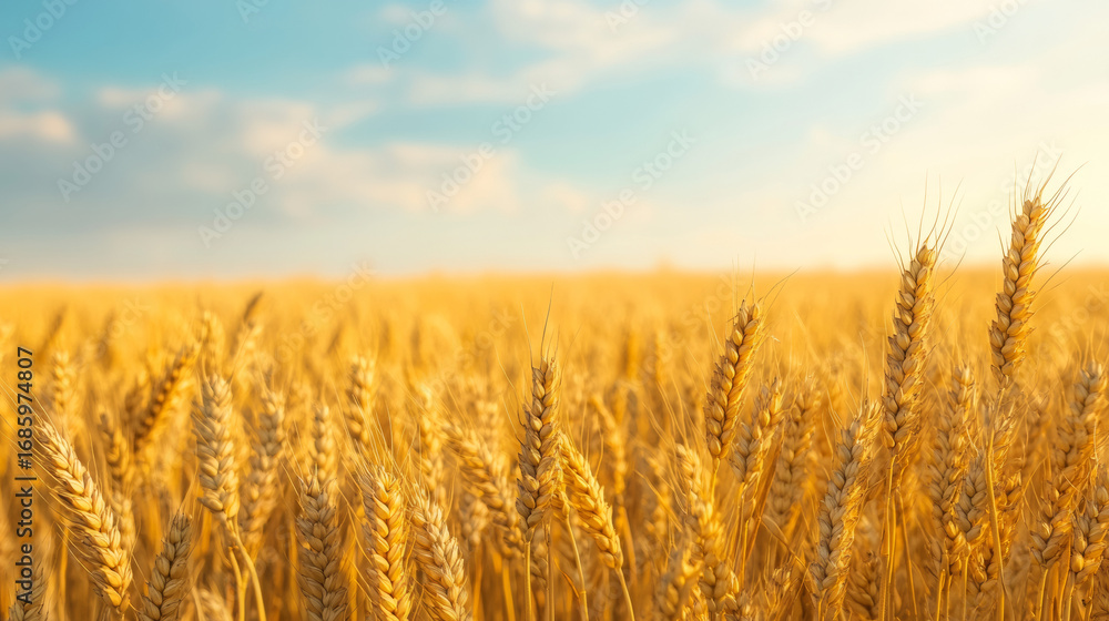 Fototapeta premium Golden wheat field under a bright blue sky with fluffy white clouds at harvest time 