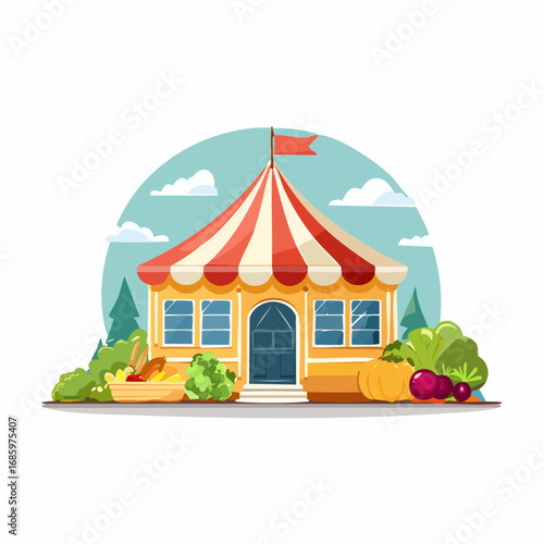 Whimsical circus tent market stall bursting with fresh autumn produce and seasonal vegetables
