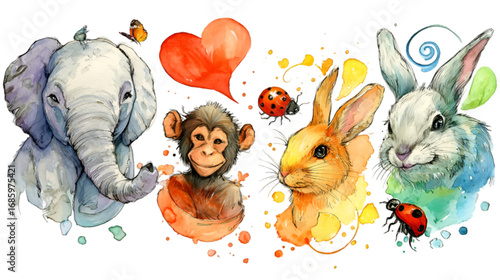 Charming watercolor portraits of elephant monkey and rabbits.