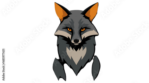 Stylized grey fox head with glowing orange eyes.