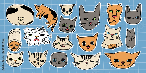 Set of silly meme cat faces. Cute and funny domestic animals cats muzzles stickers. Kitten pet heads portraits. Ridiculous feline icons. For advertising, posters, prints, clothing, social media, child