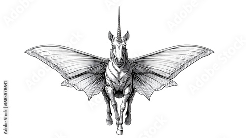 Black and White Sketch of a Flying Unicorn with Wings.