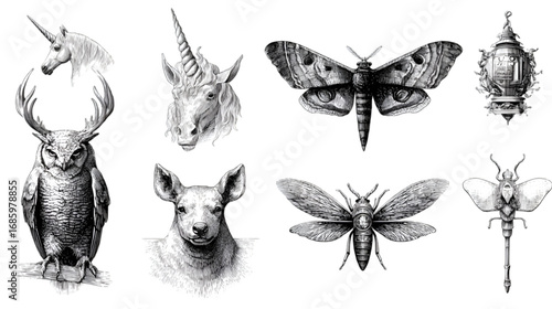 Vintage collection of mythical creatures and insects illustrations.