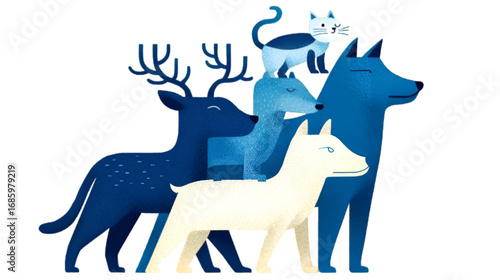 Stylized illustration of a group of wild animals.