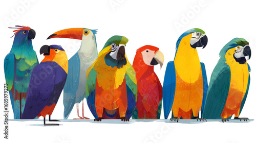 A vibrant collection of colorful tropical birds illustration.