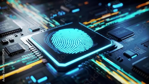 Close-up of a glowing blue fingerprint on a digital circuit board with microchips and wires, representing digital compliance tools in a futuristic technology environment.
