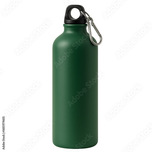 Green Aluminum Water Bottle with Black Cap and Metal Carabiner on White Background