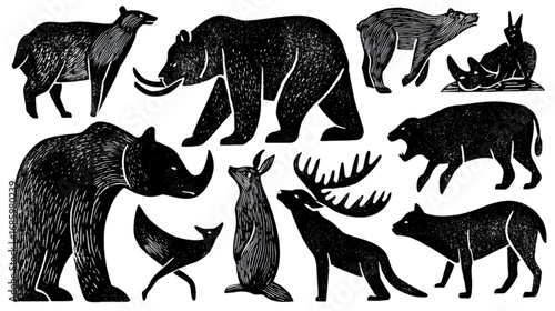 Collection of wild animal illustrations in a black and white linocut style.