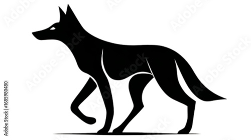 Stylized black silhouette of a walking coyote or jackal.