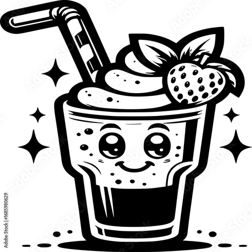 Cheerful Strawberry Milkshake: A delightful and charming cartoon milkshake, garnished with a fresh strawberry and mint.