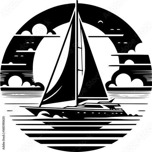 Sailing the Horizon: A sleek sailboat, silhouetted against a stylized sun and sea, glides effortlessly across the water, representing freedom, adventure, and the open sea.