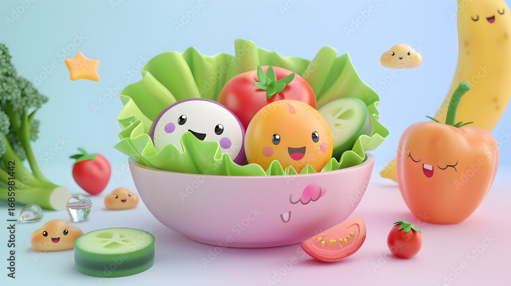 Fototapeta premium 3d Cartoon salad bowl mockup cute and colorful
