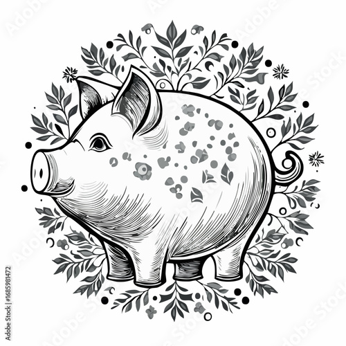 Charming Pig Illustration with Floral Wreath A Whimsical Design for Various Uses
