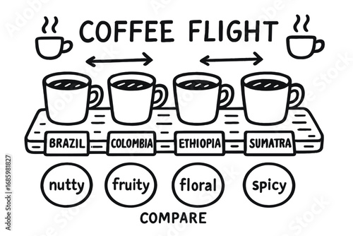 Coffee Sampler Doodles. Coffee flight: hand drawn doodles of tray with small cups, bean origin tags, taste notes, compare arrows,